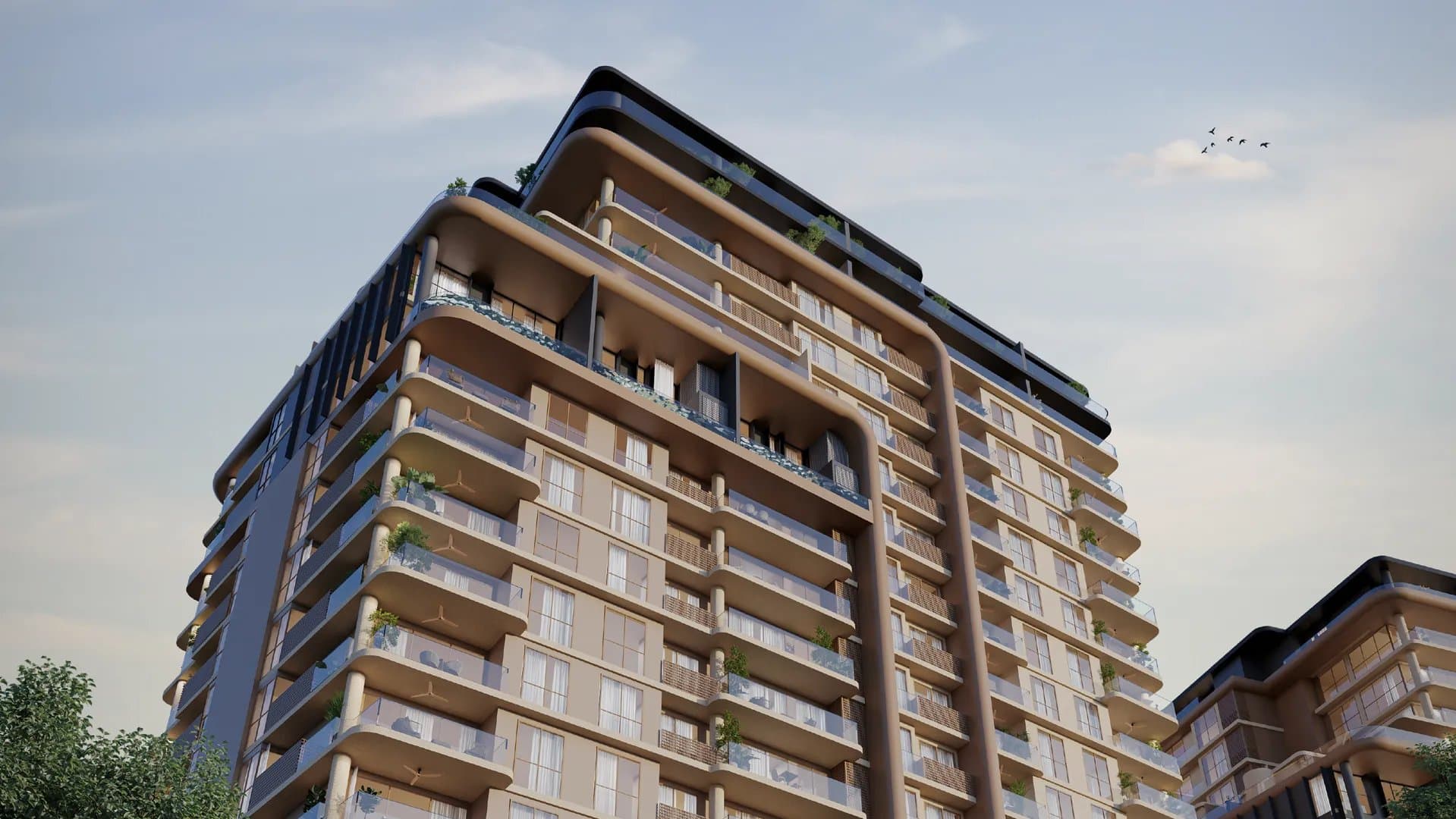 Low-angle view of a Bosco di Santa María tower with its curved balconies