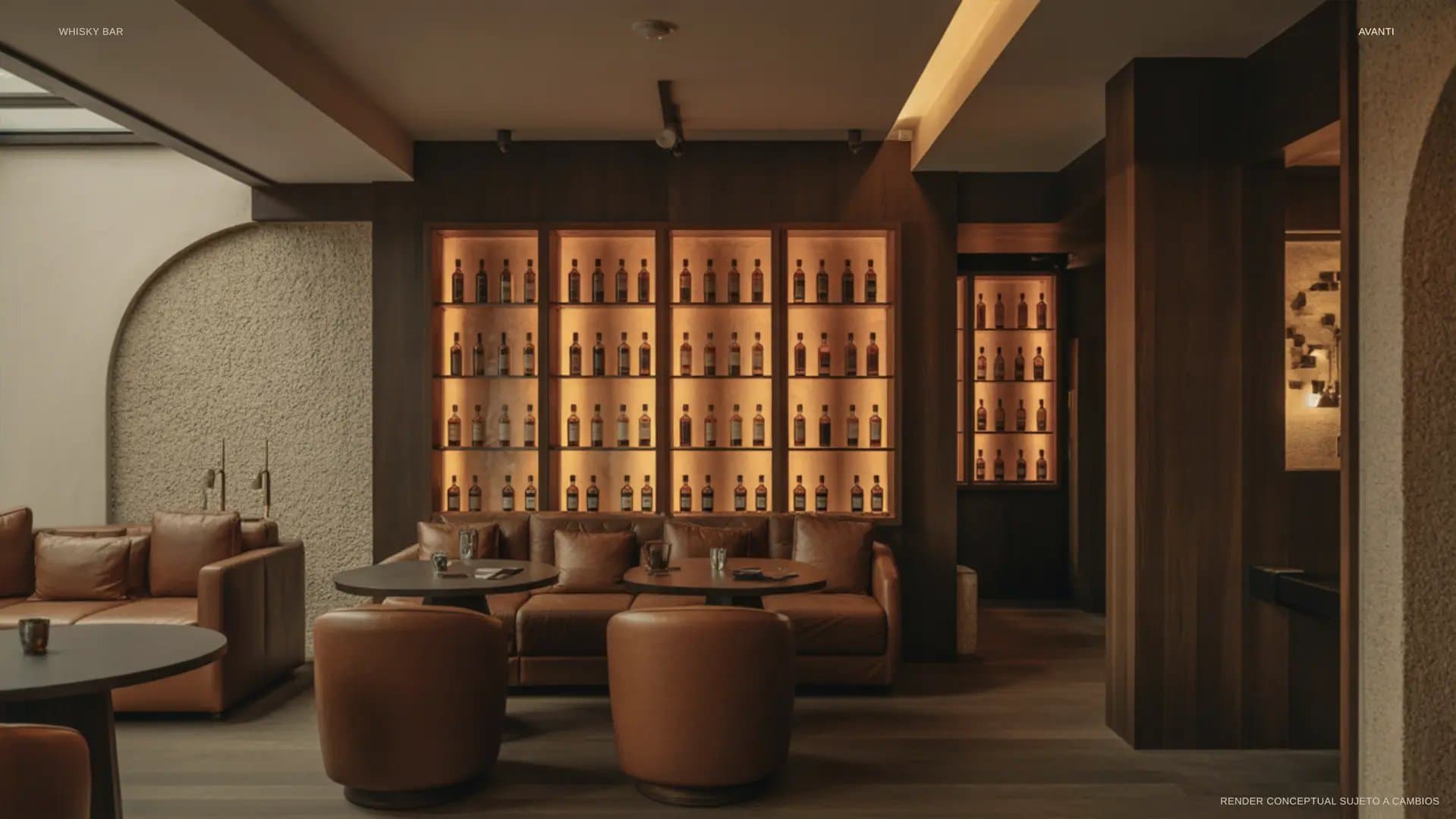 Wine lounge with backlit shelving at Bosco di Santa María