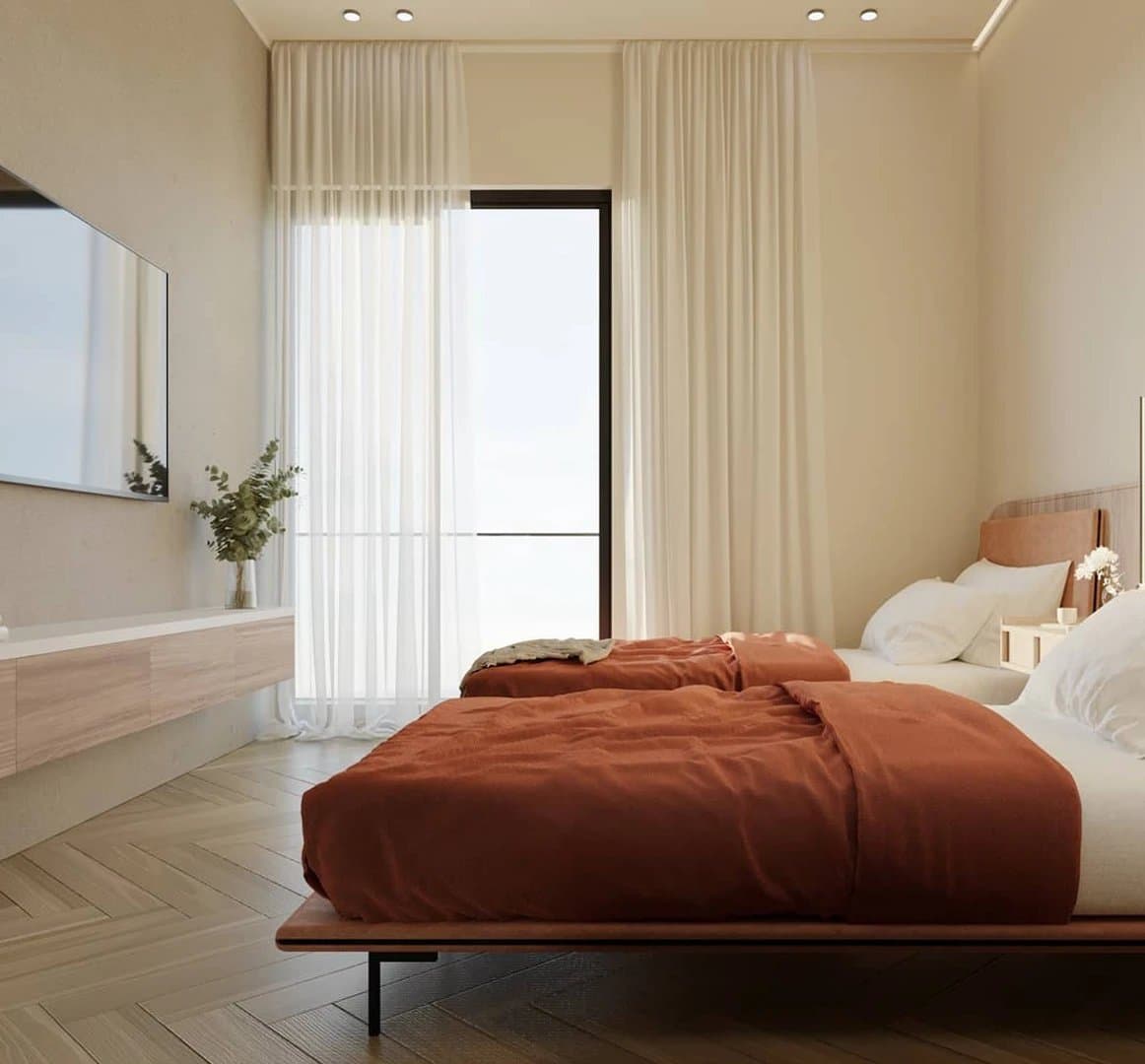 Bedroom with floor-to-ceiling window in a Bosco di Santa María apartment