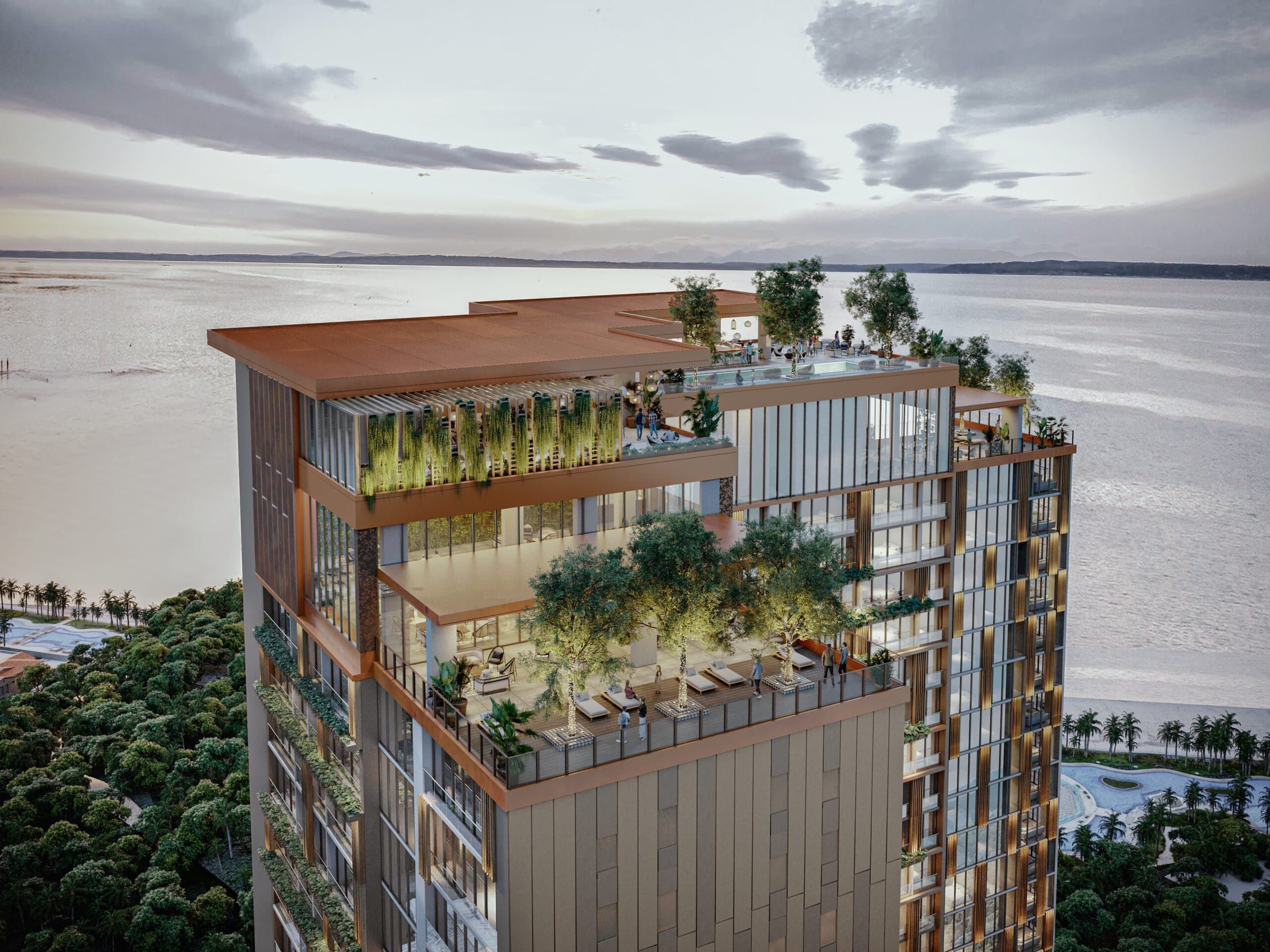 Aerial view of the landscaped rooftop terraces of The Westin Residences overlooking the ocean