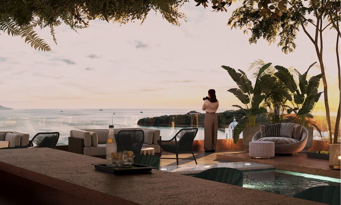 Ocean-view lounge terrace at sunset at The Westin Residences