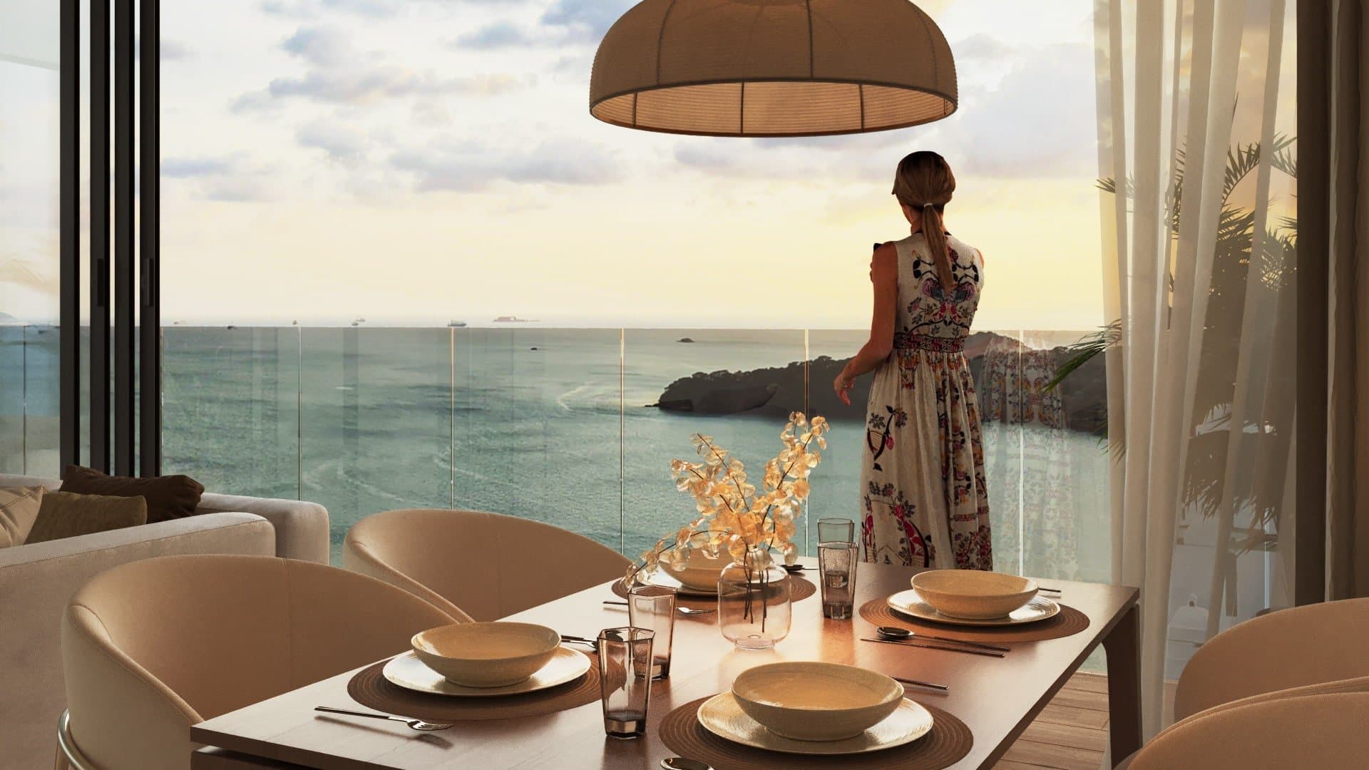 Dining area with floor-to-ceiling windows and ocean view inside a Westin Residences apartment