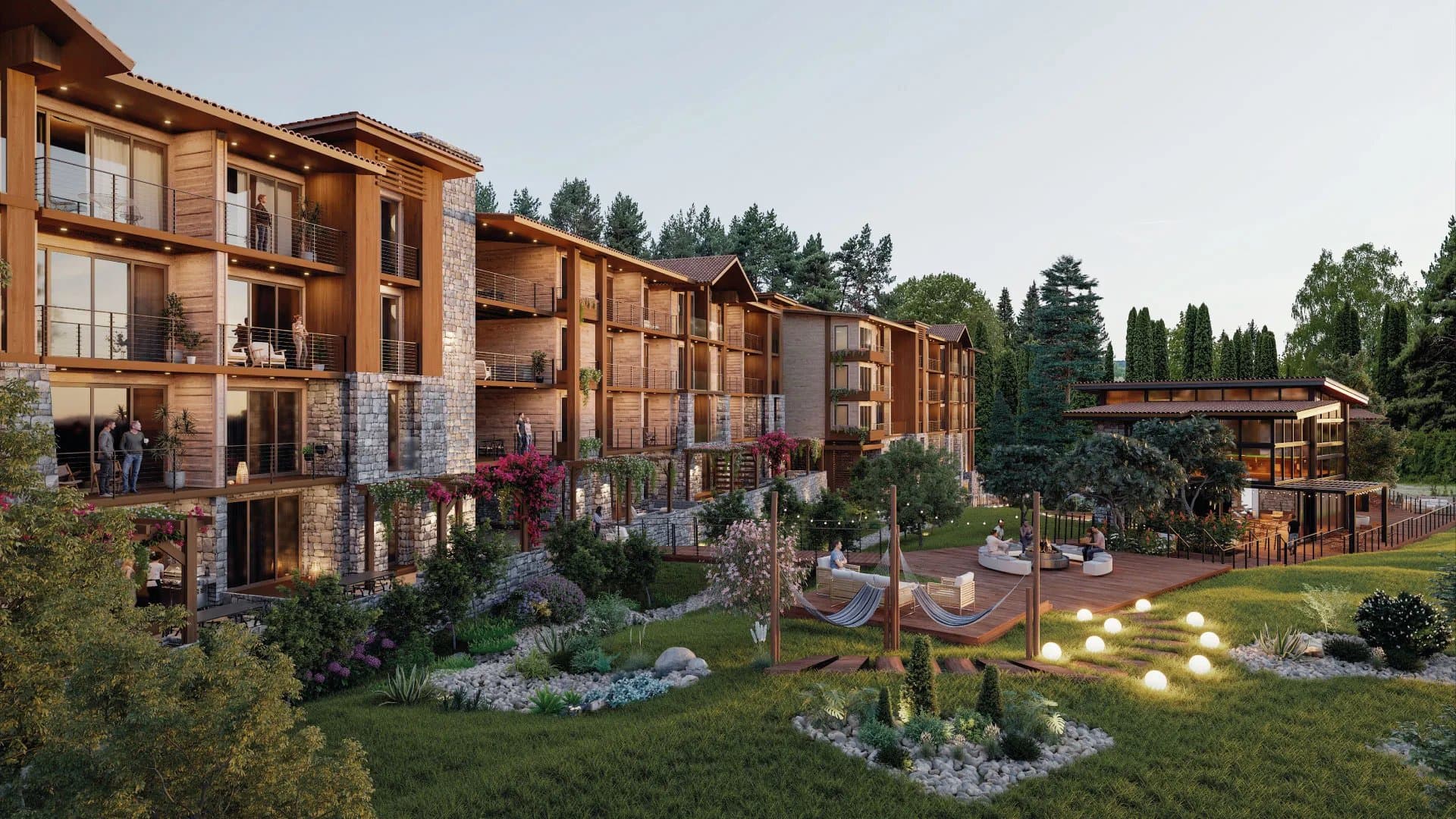 Pinoalto condo-suite buildings and landscaped gardens in Boquete