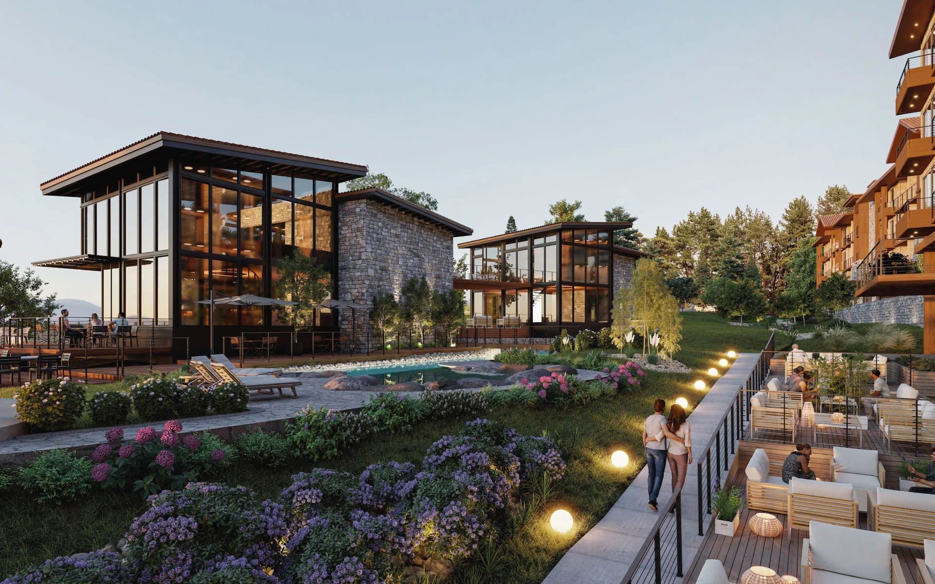 Garden walkway and outdoor lounge beside the Pinoalto amenity pavilion