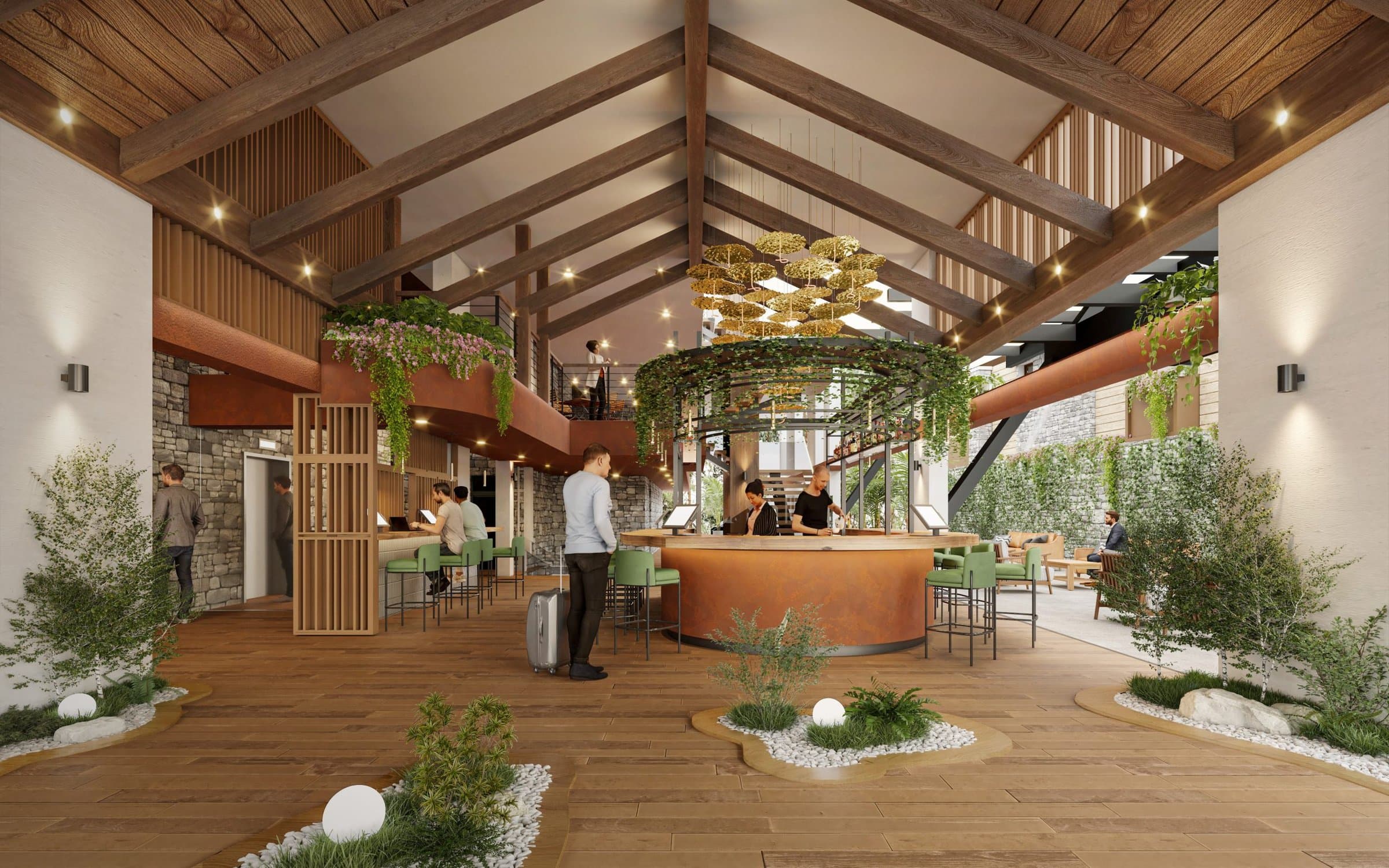Timber-beamed lobby and bar of Pinoalto in Boquete
