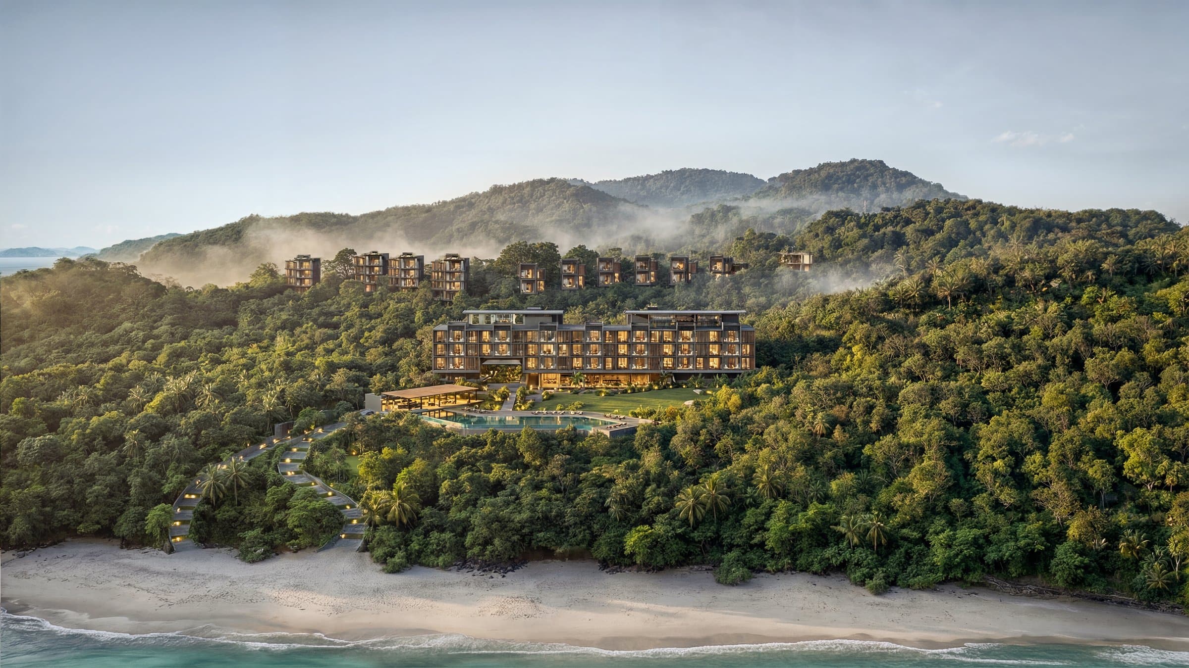 Aerial view of the Vervana development in the forest above its secluded beach
