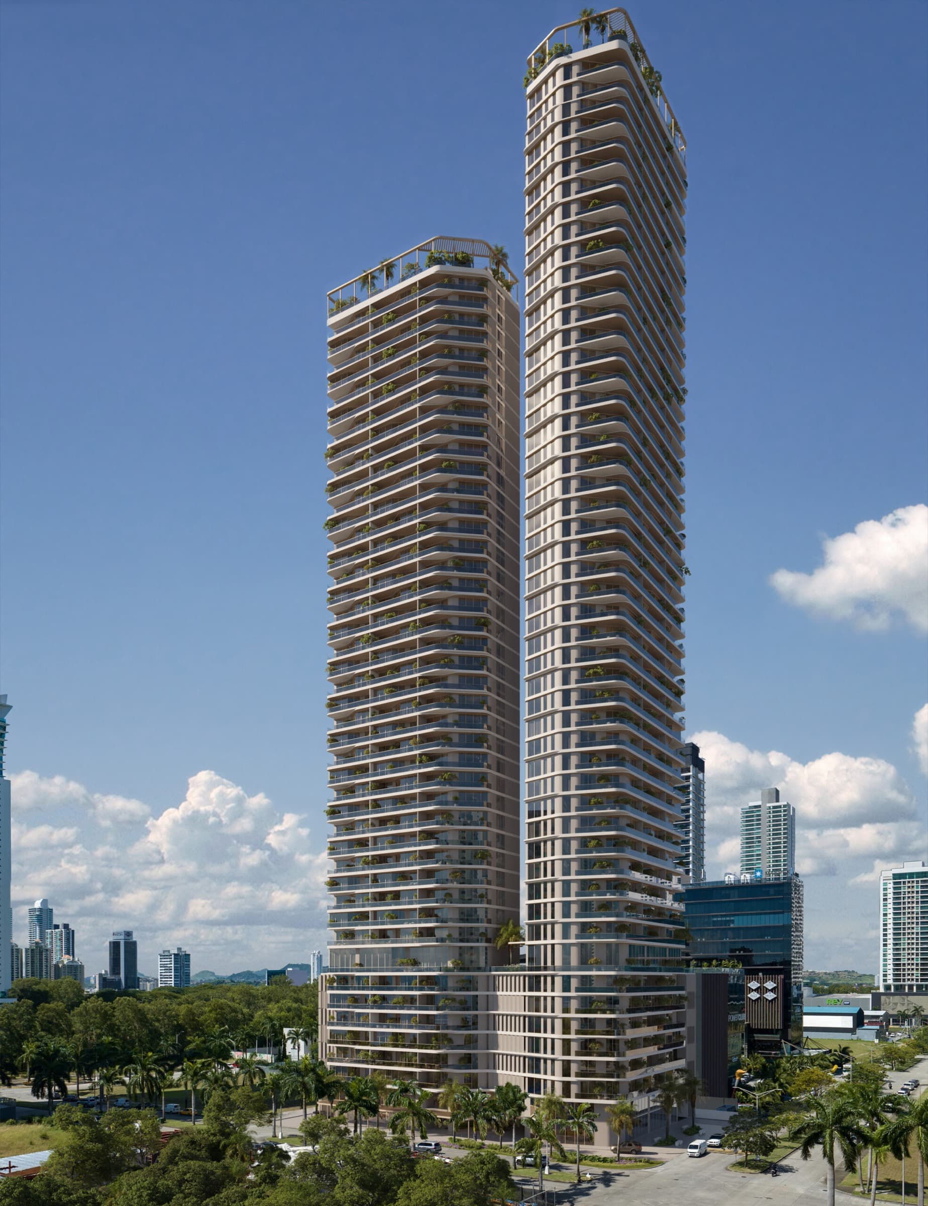 The two DIECI by Pininfarina towers rising above Costa del Este, Panama City