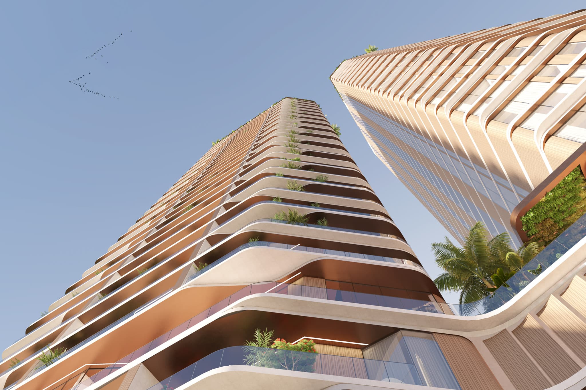 Curved balconies and planted terraces on the DIECI facade seen from below