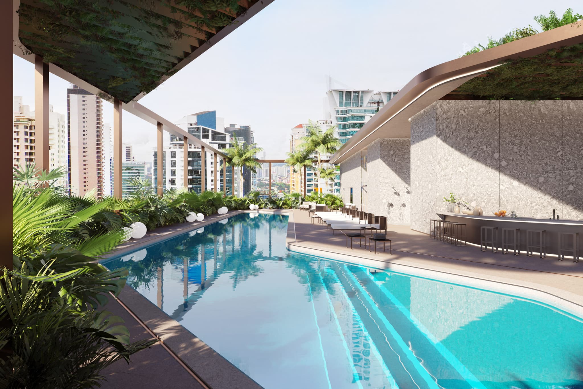 Rooftop pool deck at DIECI overlooking the Costa del Este skyline