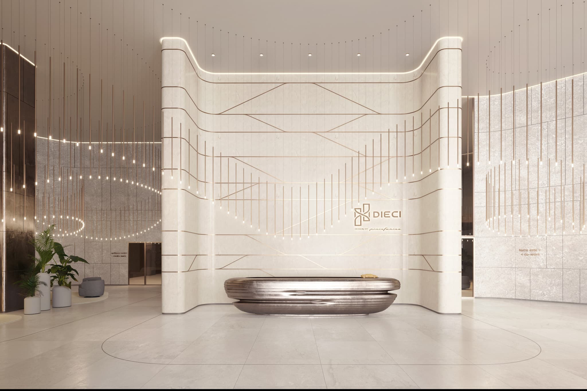 DIECI lobby with the project monogram on a fluted stone wall