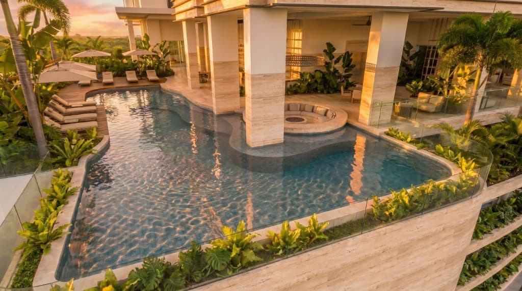 Pool and lounge terrace among gardens at Ébano