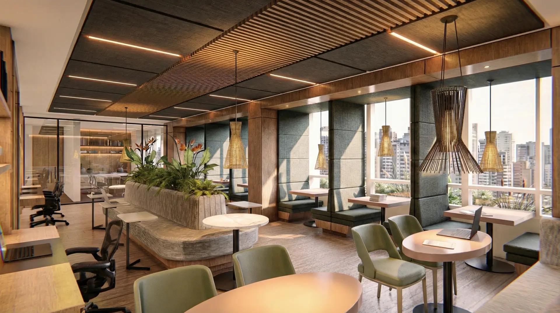 Coworking lounge with city views at Ébano