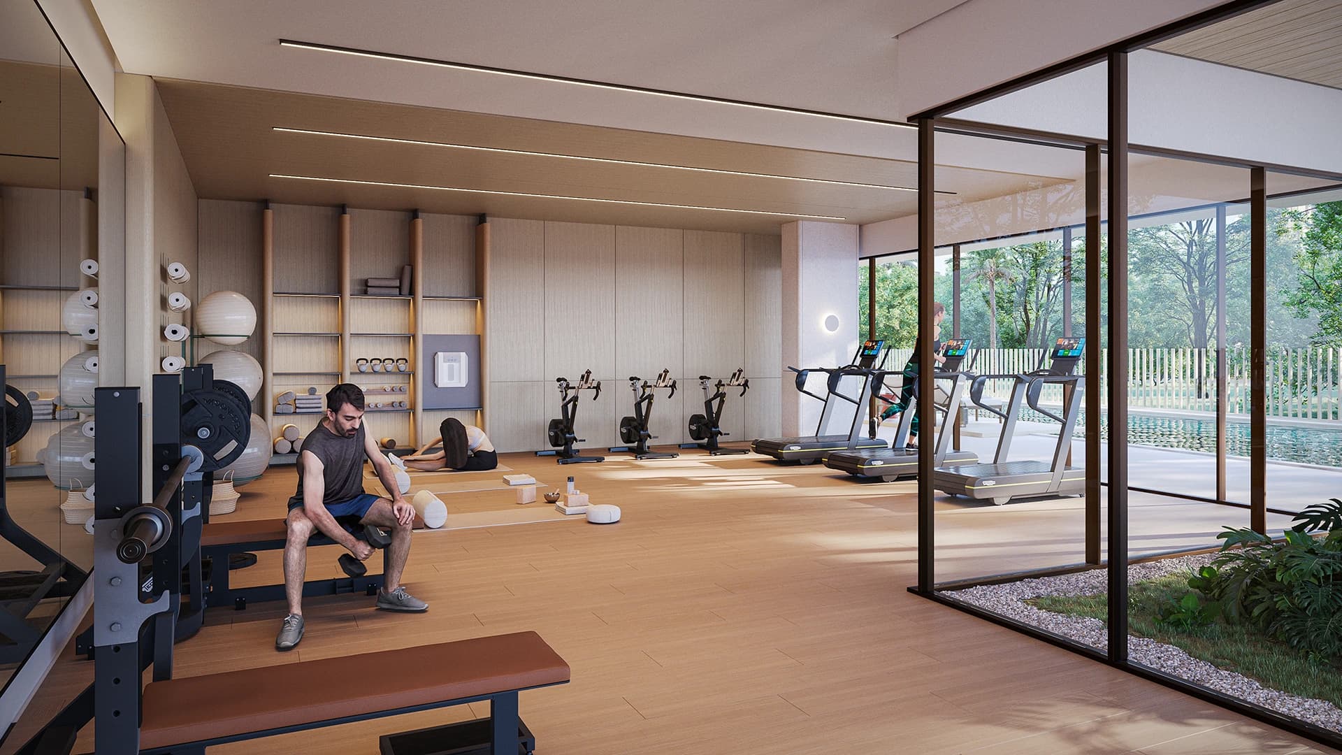 Gym with garden views at Arena