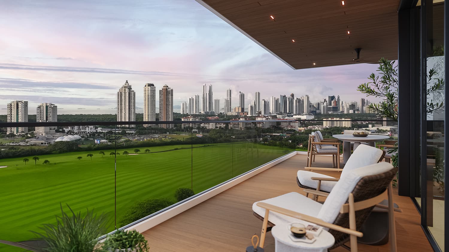 Terrace overlooking the golf course and the city skyline at Arena