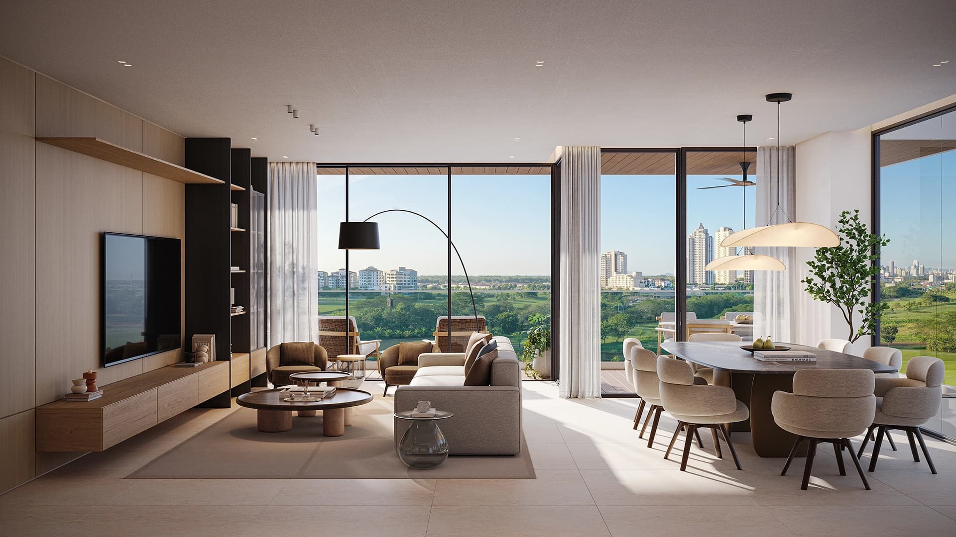 Living and dining room in an Arena apartment