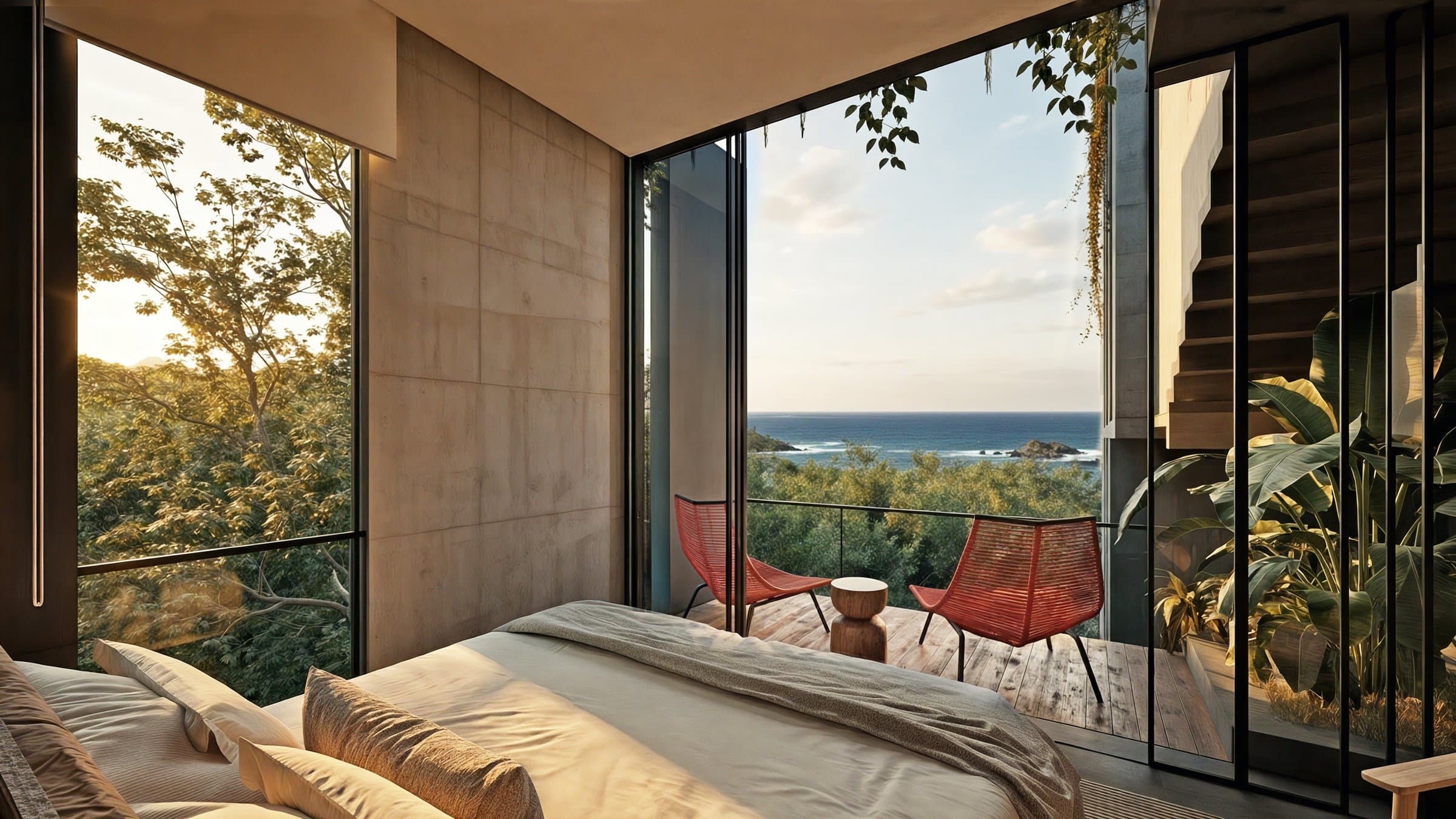 Bedroom with floor-to-ceiling glass and ocean view at Vervana Phase II Templo