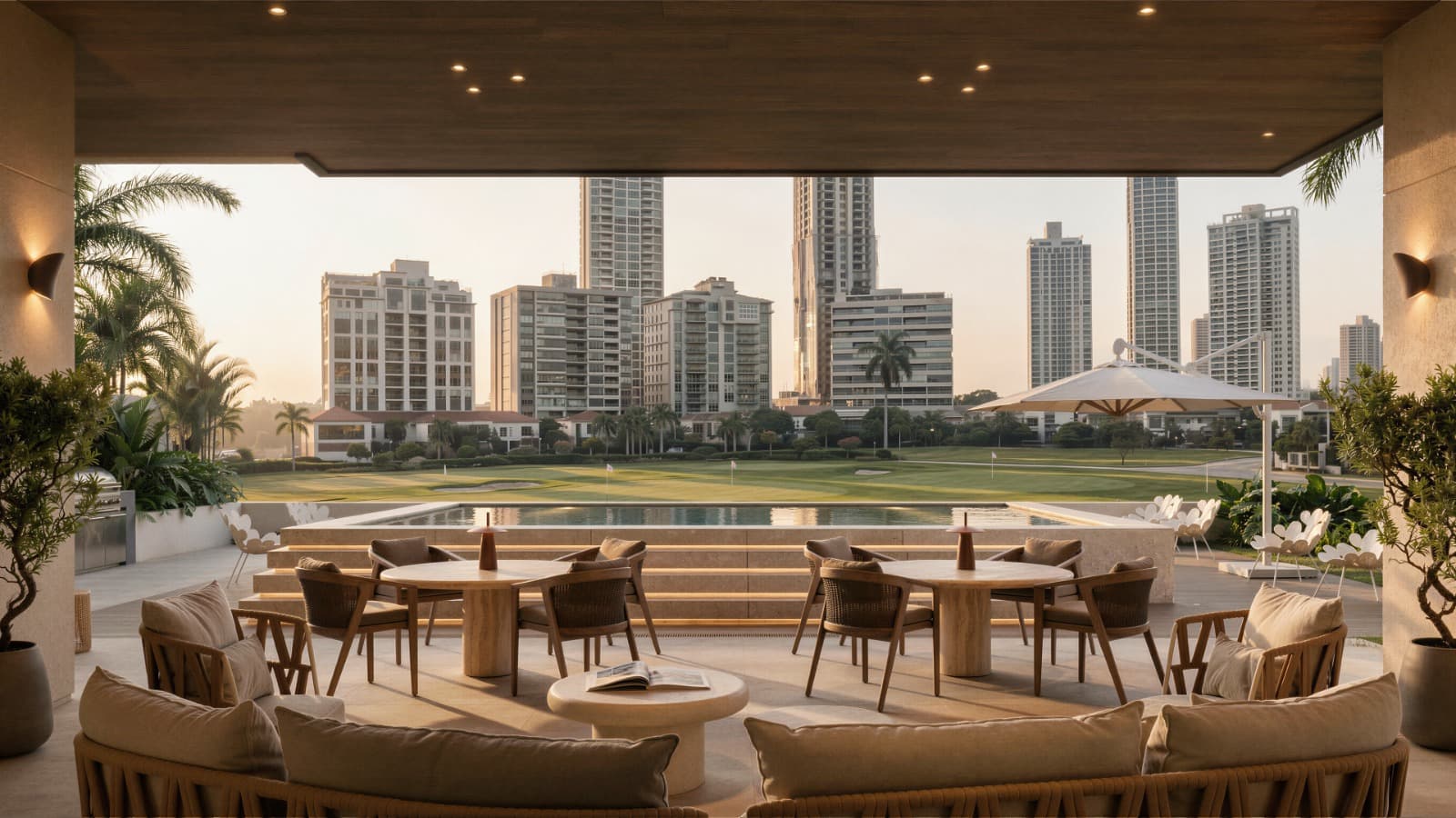 Covered social terrace facing the Santa Maria golf course at Lumina