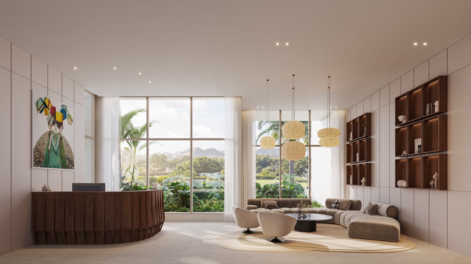 Lobby of the Lumina building with garden views