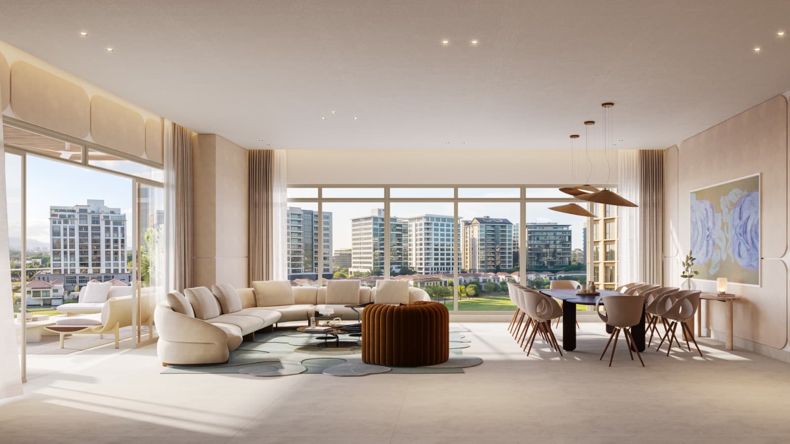 Living and dining room of a Lumina residence with golf course views