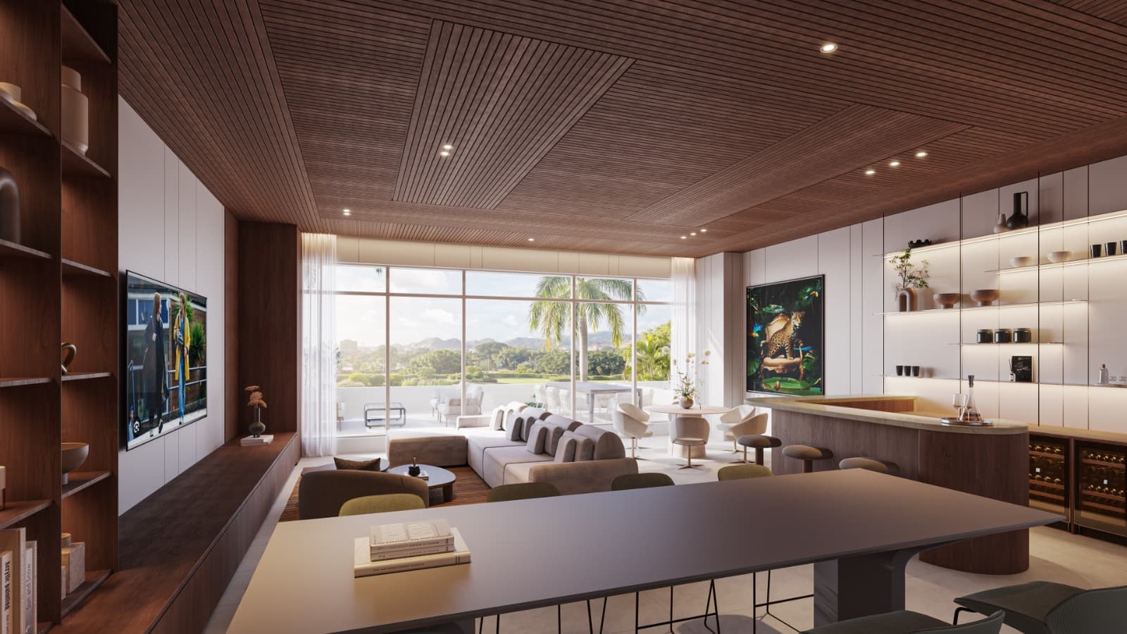 Family room with bar and built-in shelving in a Lumina residence