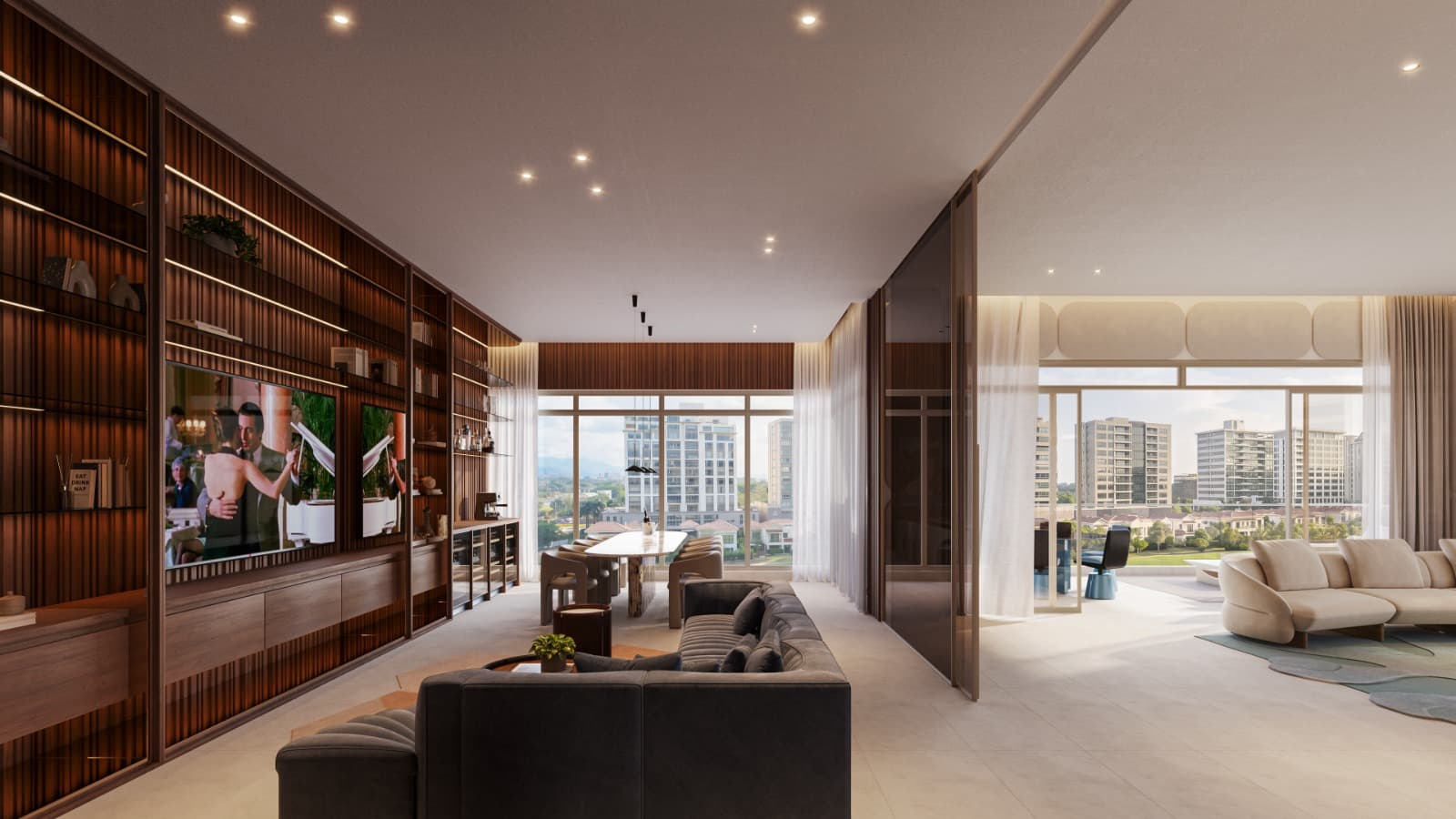 Den with walnut shelving in a Lumina residence