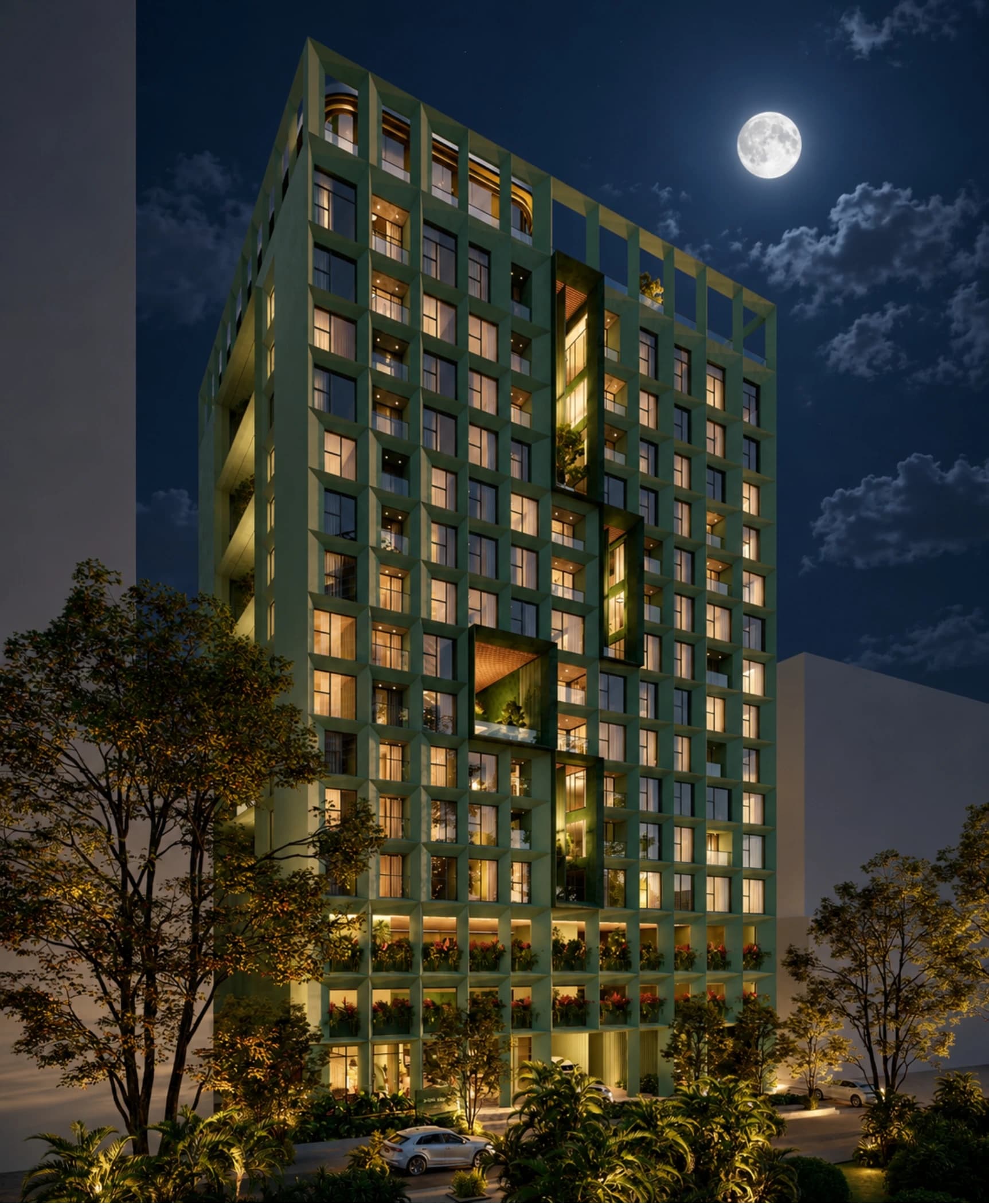Night view of the Haven tower in Obarrio, Panama City